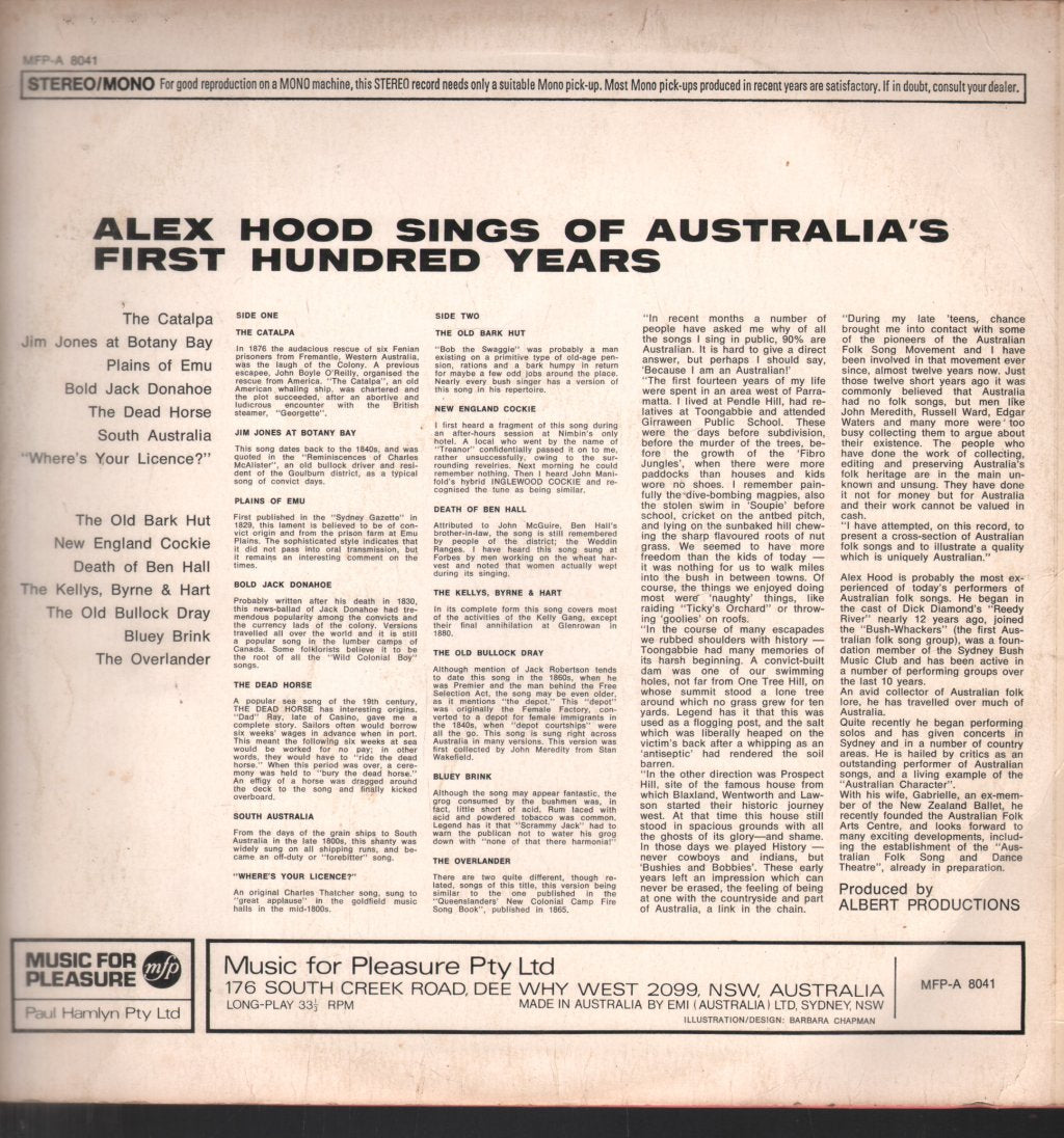 Alex Hood - Sings Of Australia's First Hundred Years - Lp