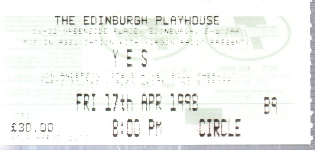 Yes - Edinburgh Playhouse Fri 17th Apr 1998 - Ticket