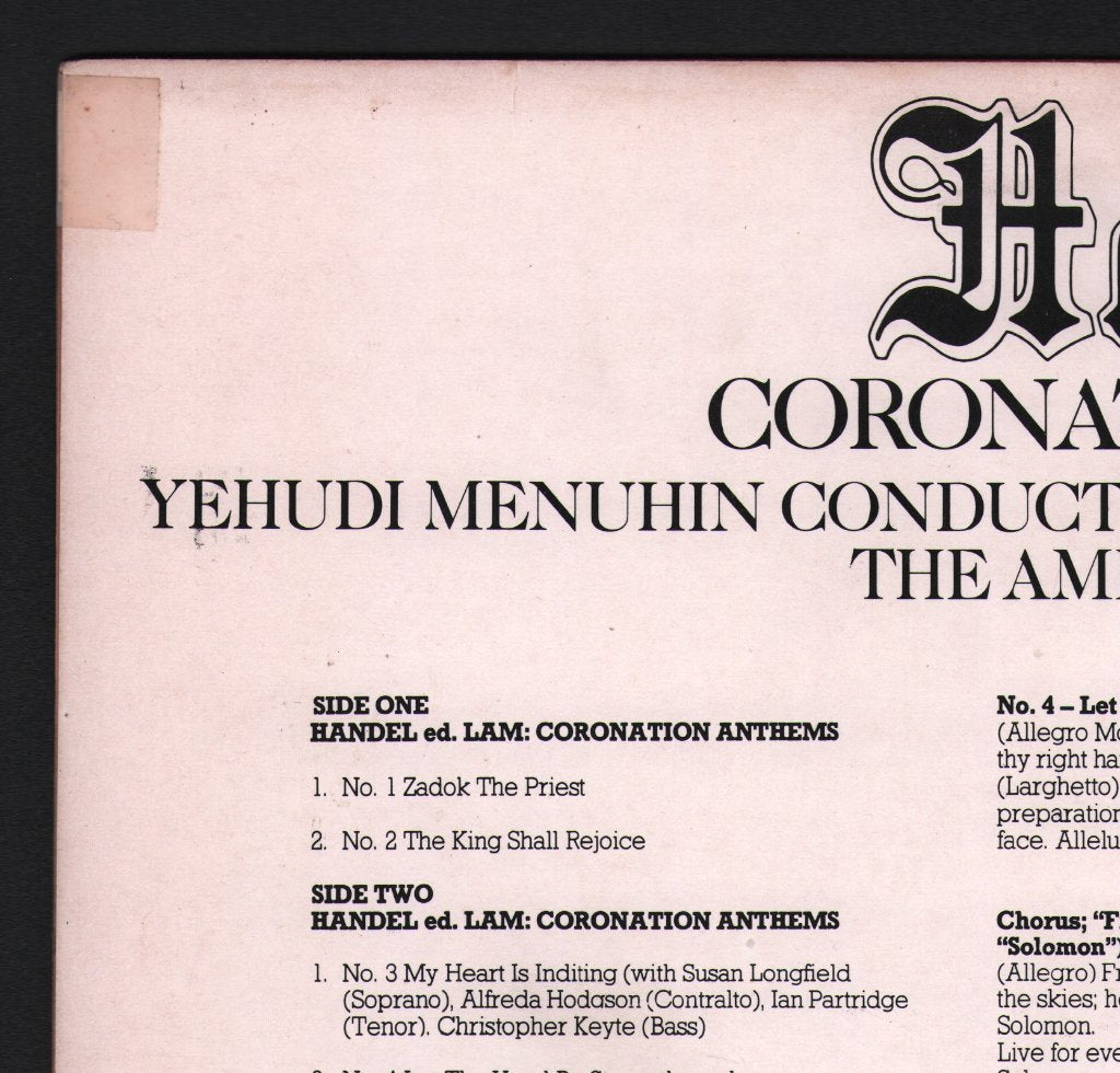 Yehudi Menuhin / Menuhin Festival Orchestra / Ambrosian Singers - Handel - Coronation Anthems - Lp