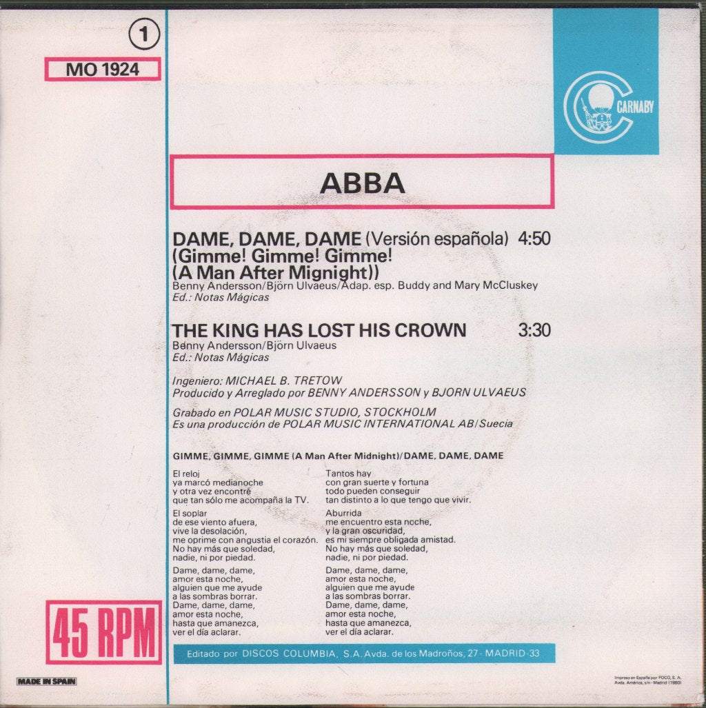 ABBA - Dame! Dame! Dame! = Gimme! Gimme! Gimme! (Cantado En Español) - 7 Inch