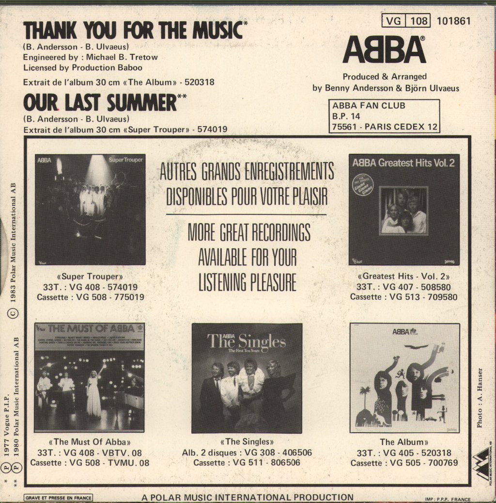 ABBA - Thank You For The Music / Our Last Summer - 7 Inch