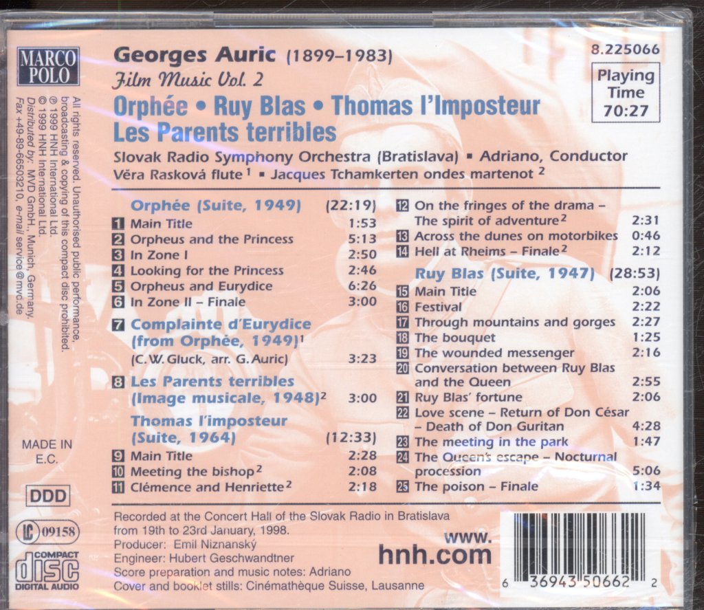 Slovak Radio Symphony Orchestra, Adriano - Classic Film Music Of Georges Auric 2: Orphée ● Ruy Blas ● Thomas L'Imposteur (Suites) - Cd