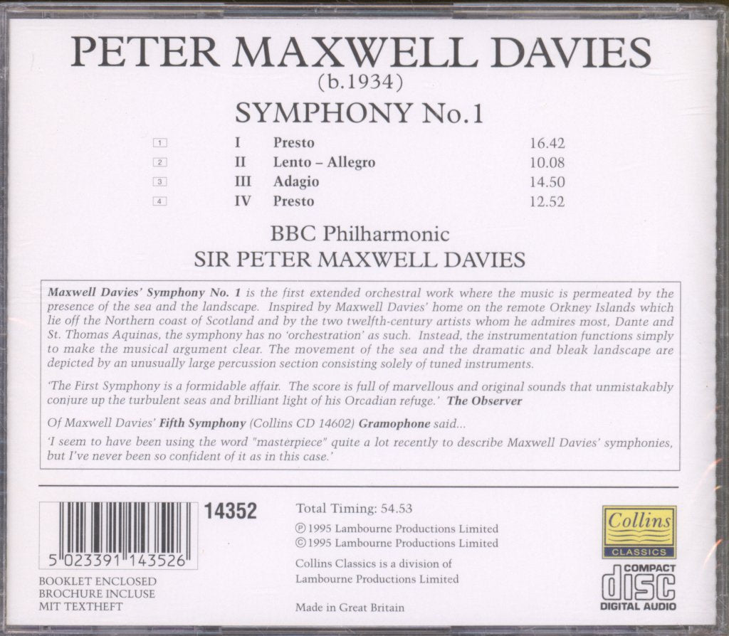 BBC Philharmonic, Sir Peter Maxwell Davies - Symphony No. 1 - Cd