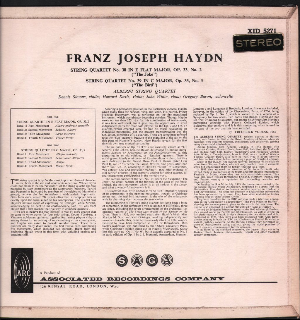 Alberni Quartet - Franz Joseph Haydn - String Quartet No. 38 "The Joke" / String Quartet No. 39 "The Bird" - Lp