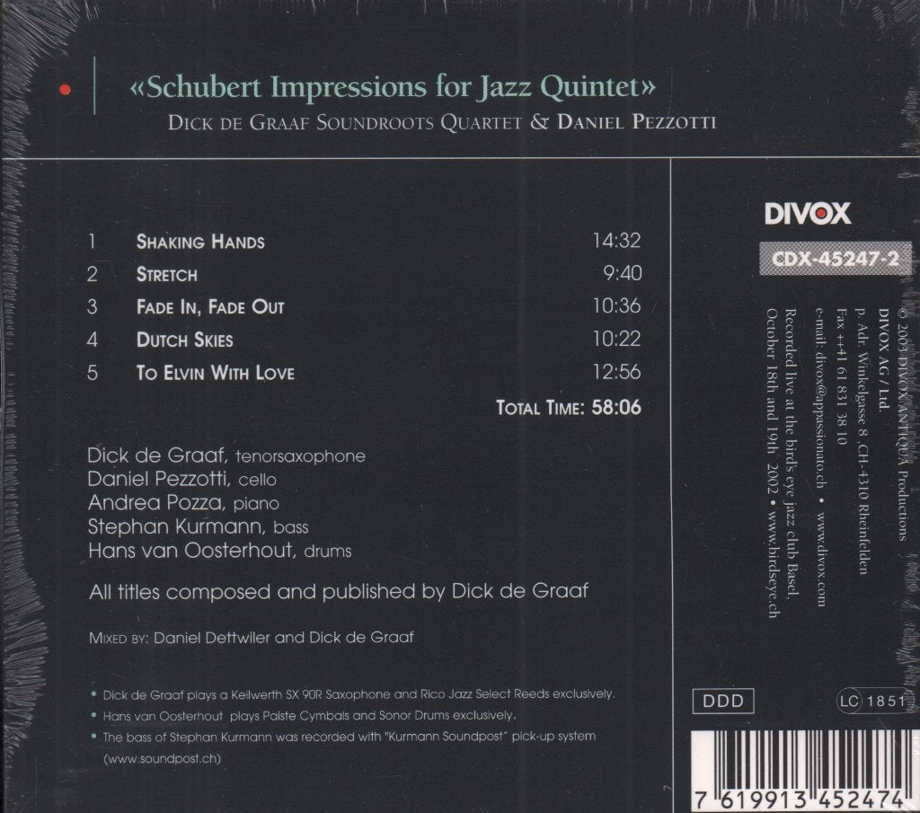 Dick De Graaf Soundroots Quartet - Schubert Impressions Live At The Bird's Eye Jazzclub - Cd