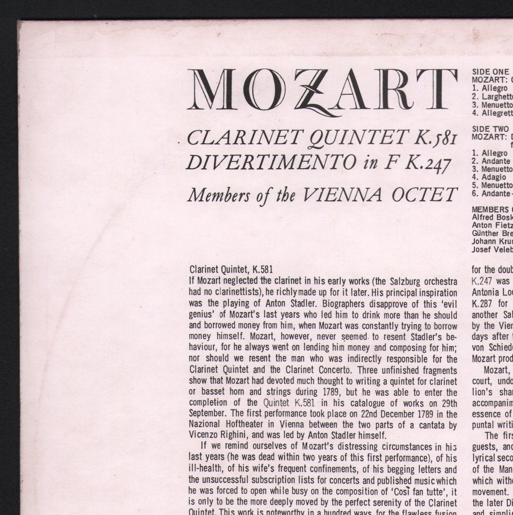 Alfred Boskovsky / Members Of The Vienna Octet - Mozart - Clarinet Quintet K. 581 / Divertimento In F K. 247 - Lp