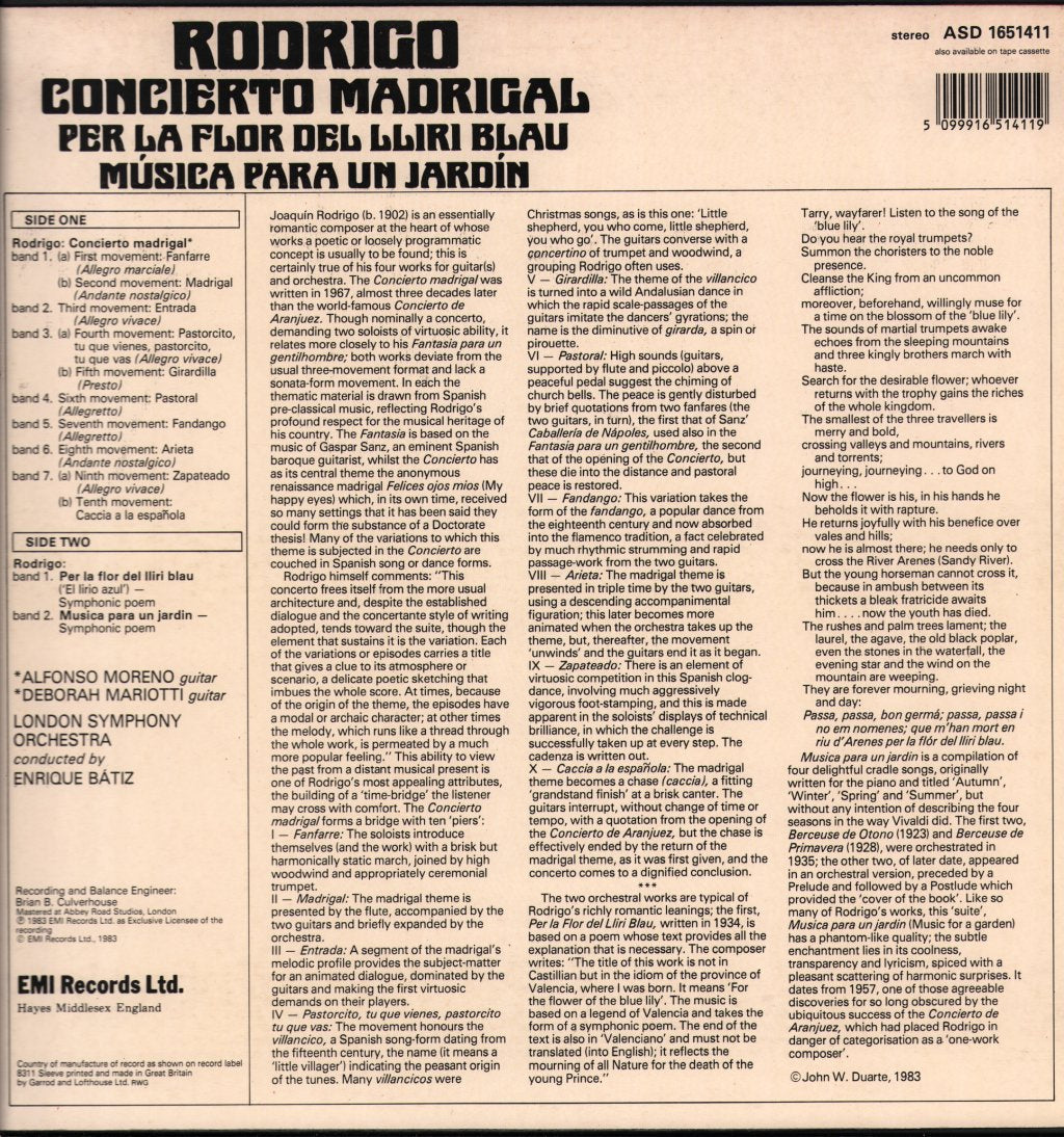 Alfonso Moreno / Deborah Mariotti / Enrique Batiz / London Symphony Orchestra - Rodrigo - Concerto Madrigal / Per La Flor Del Lliri Blau / Musica Para Un Jardin - Lp