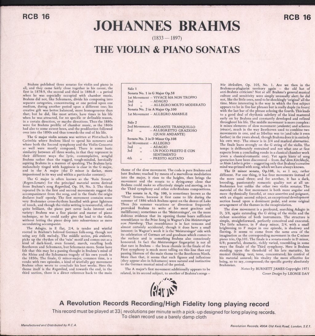 Alan Loveday / Leonard Cassini - Brahms - Three Violin Sonatas - Lp