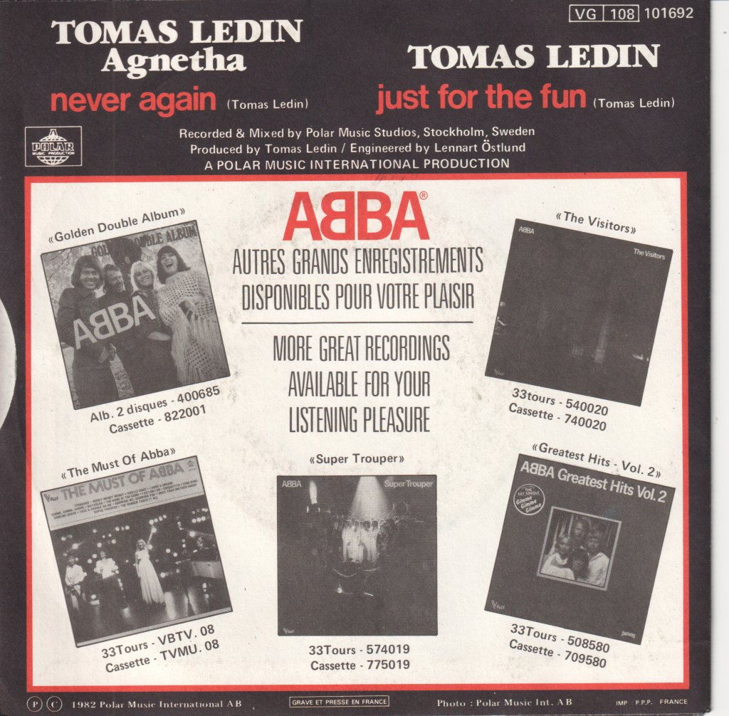 Tomas Ledin And Agnetha - Never Again - 7 Inch