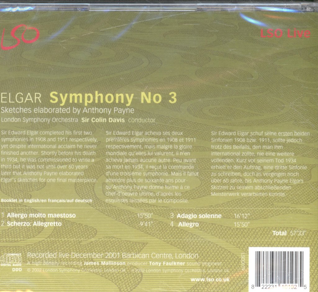 Sir Colin Davis, London Symphony Orchestra - Elgar - Symphony No 3 - Cd