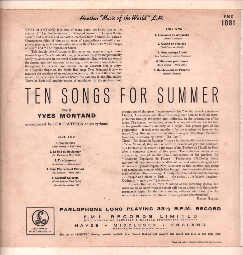 Yves Montand - Ten Songs For Summer - Lp