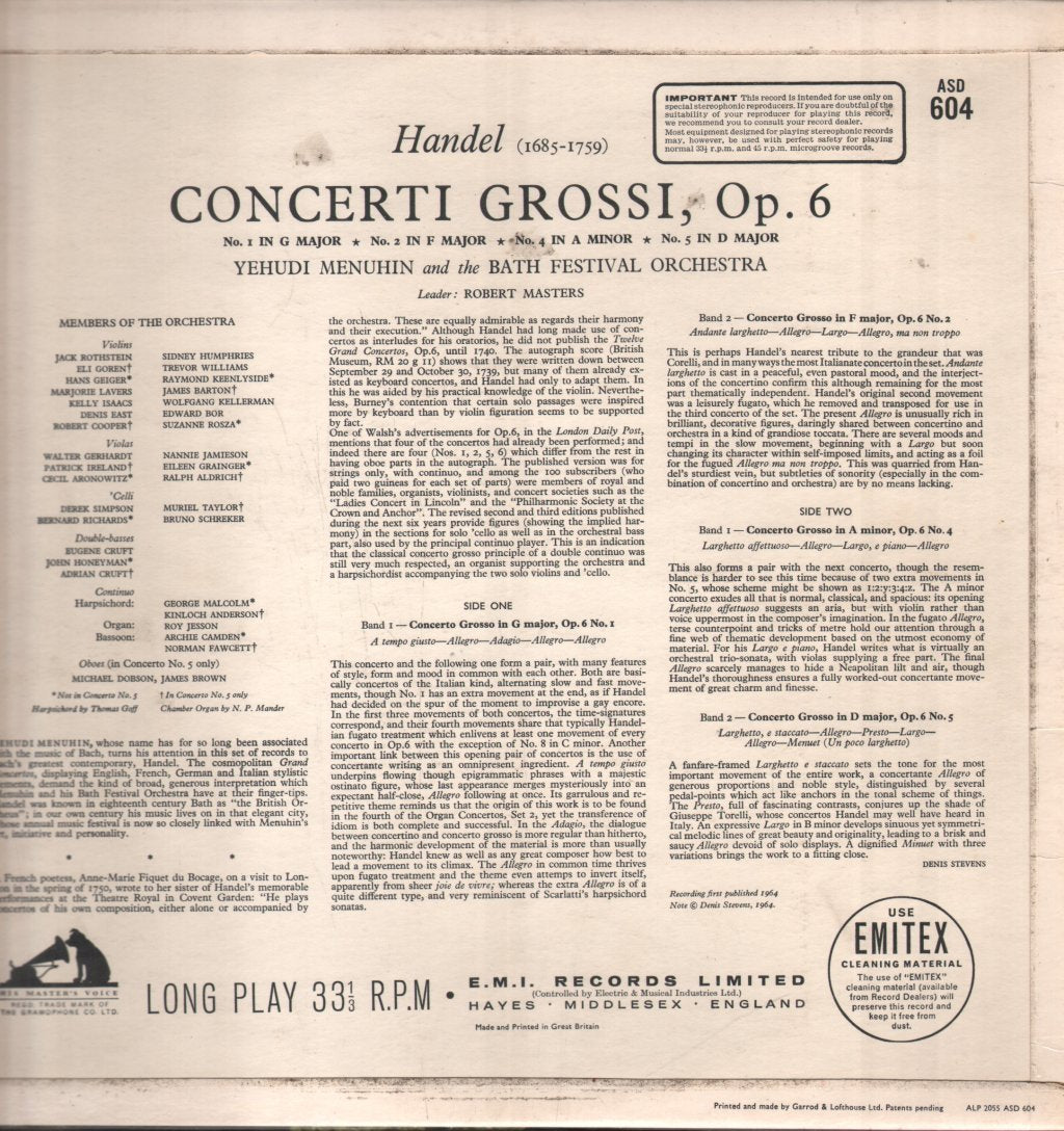 Yehudi Menuhin / Bath Festival Orchestra - Handel - Concerti Grossi Nos. 1, 2, 4 & 5 Op. 6 - Lp