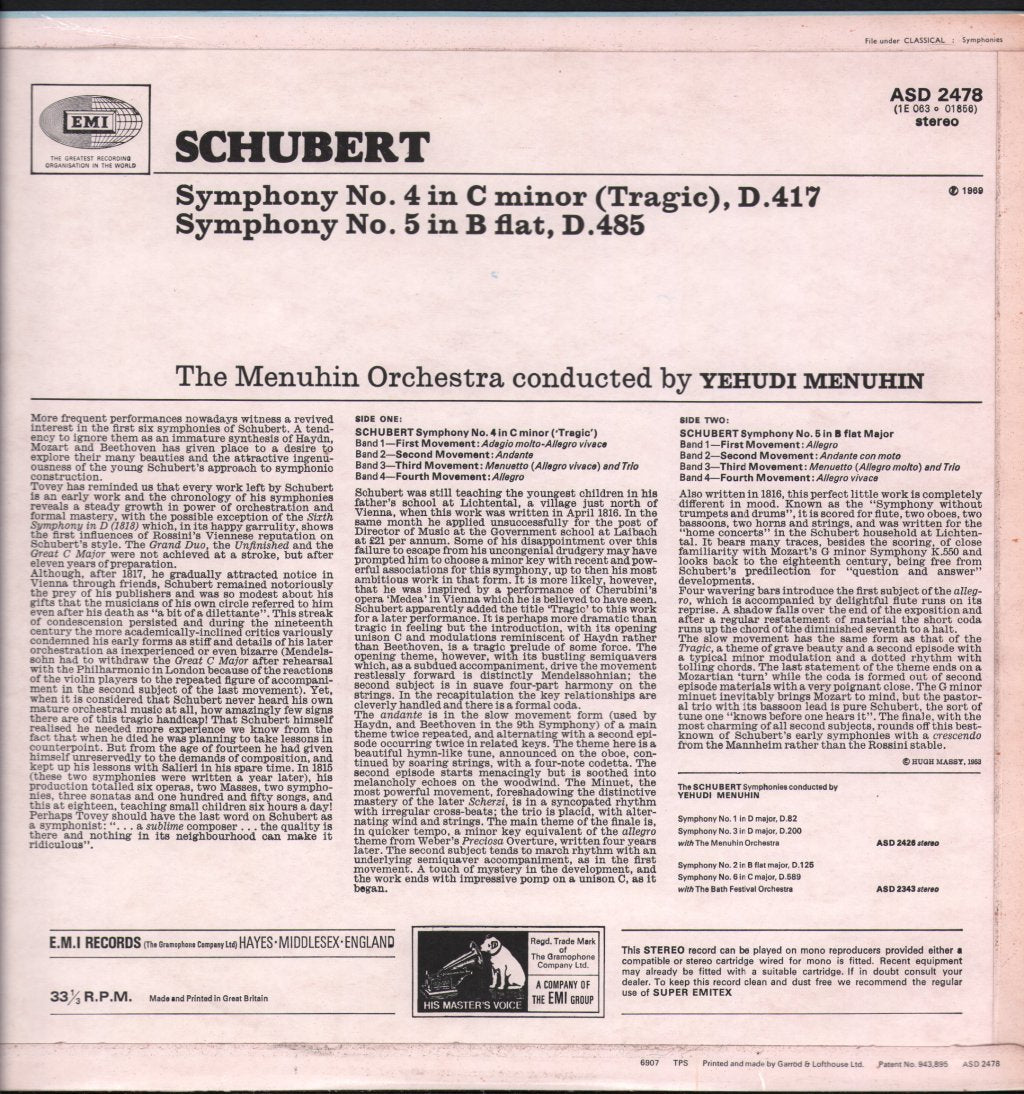 Yehudi Menuhin / Yehudi Menuhin Orchestra - Schubert - Symphony No. 4 In C Minor (Tragic) / Symphony No. 5 In B Flat - Lp