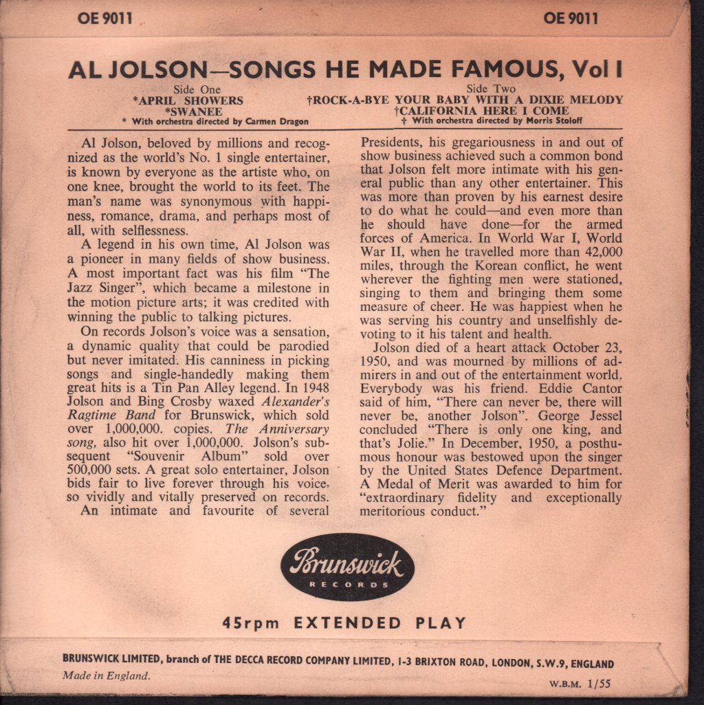 Al Jolson - Songs He Made Famous Vol.1 Part 1 - 7 Inch