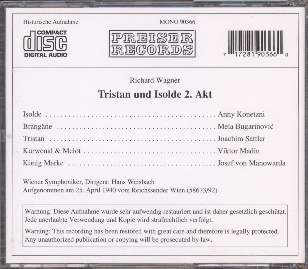 Weiner Symphoniker, Hans Weisbach - Wagner - Tristan Und Isolde, Act 2, Vienna, 1940 - Cd