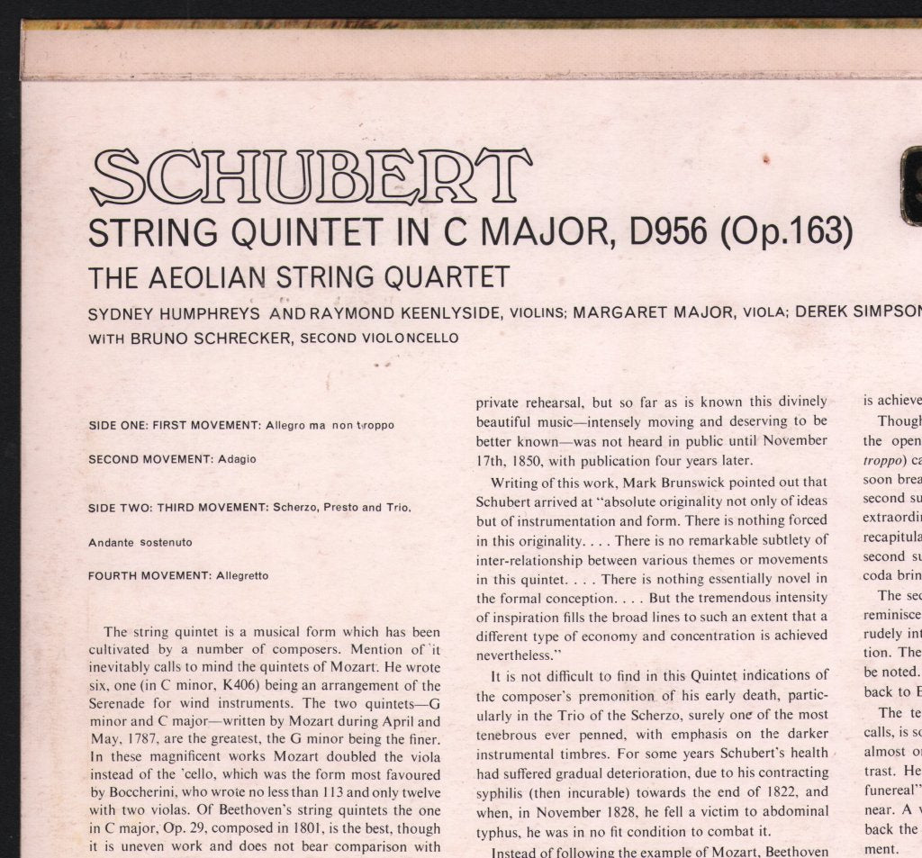 Aeolian String Quartet / Bruno Schrecker - Franz Schubert - Quintet In C Major - Lp