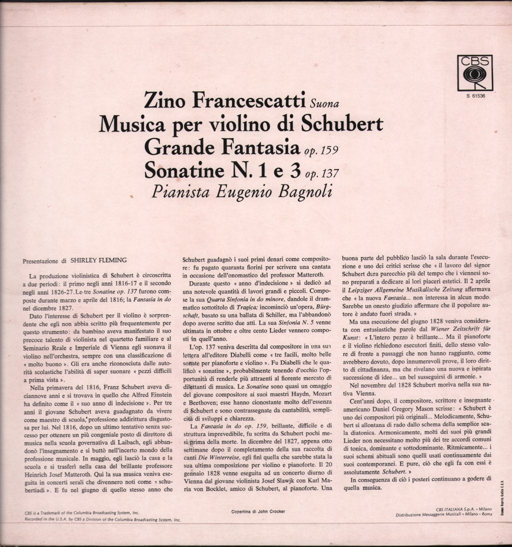 Zino Francescatti / Eugenio Bagnoli - Musica Per Violino di Schubert - Grande Fantasia / Sonatine N.1 e 3 - Lp