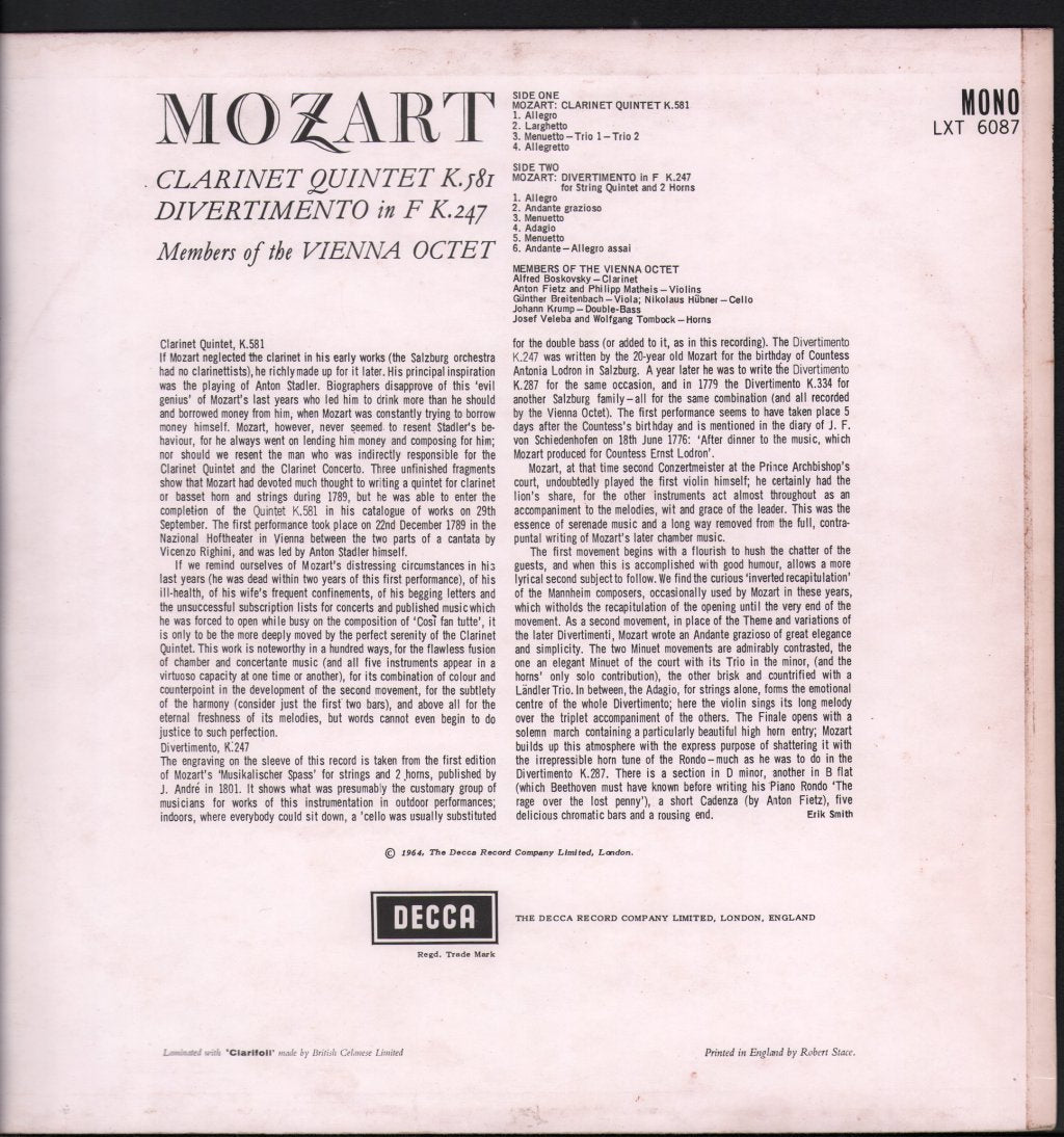 Alfred Boskovsky / Members Of The Vienna Octet - Mozart - Clarinet Quintet K. 581 / Divertimento In F K. 247 - Lp