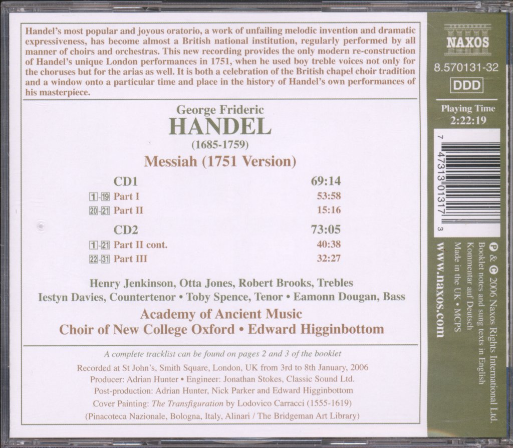 Academy Of Ancient Music, Edward Higginbottom - Handel - Messiah - Double Cd