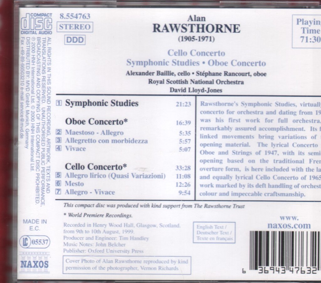 Alexander Baillie / Stéphane Rancourt / Royal Scottish National Orchestra - Rawsthorne - Cello Concerto / Oboe Concerto / Symphonic Studies - Cd