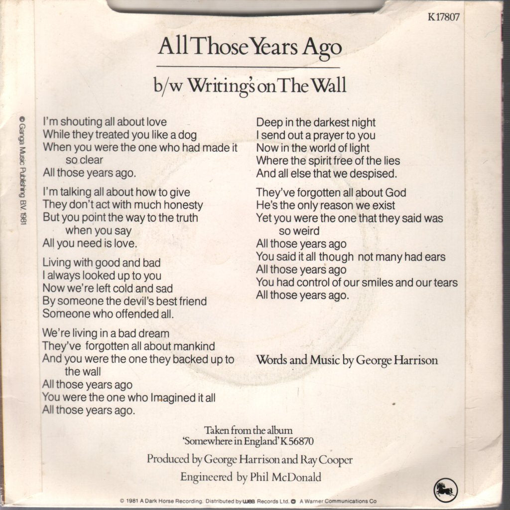 George Harrison - All Those Years Ago - 7 Inch