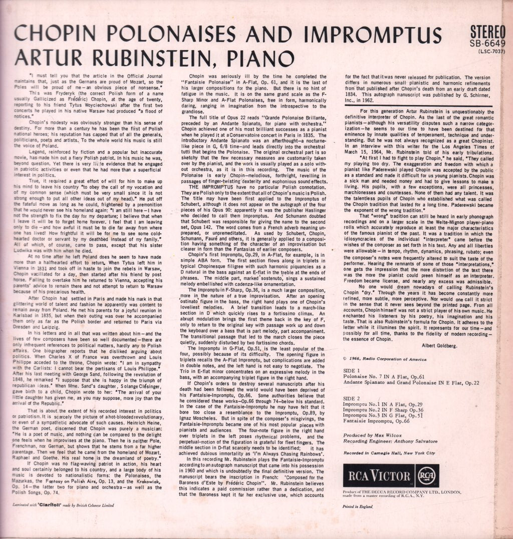 Artur Rubinstein - Chopin Polonaises & Impromptus - Lp