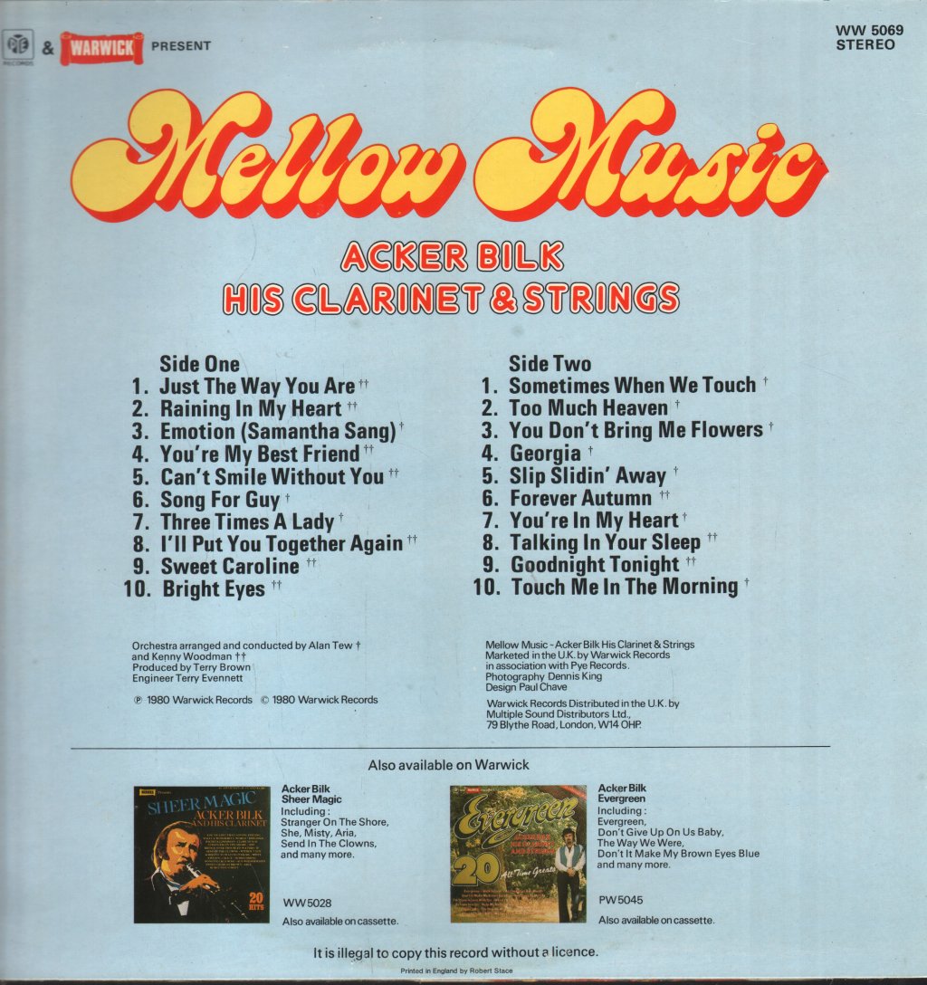 Acker Bilk His Clarinet And Strings - Mellow Music 20 All Time Greats - Lp