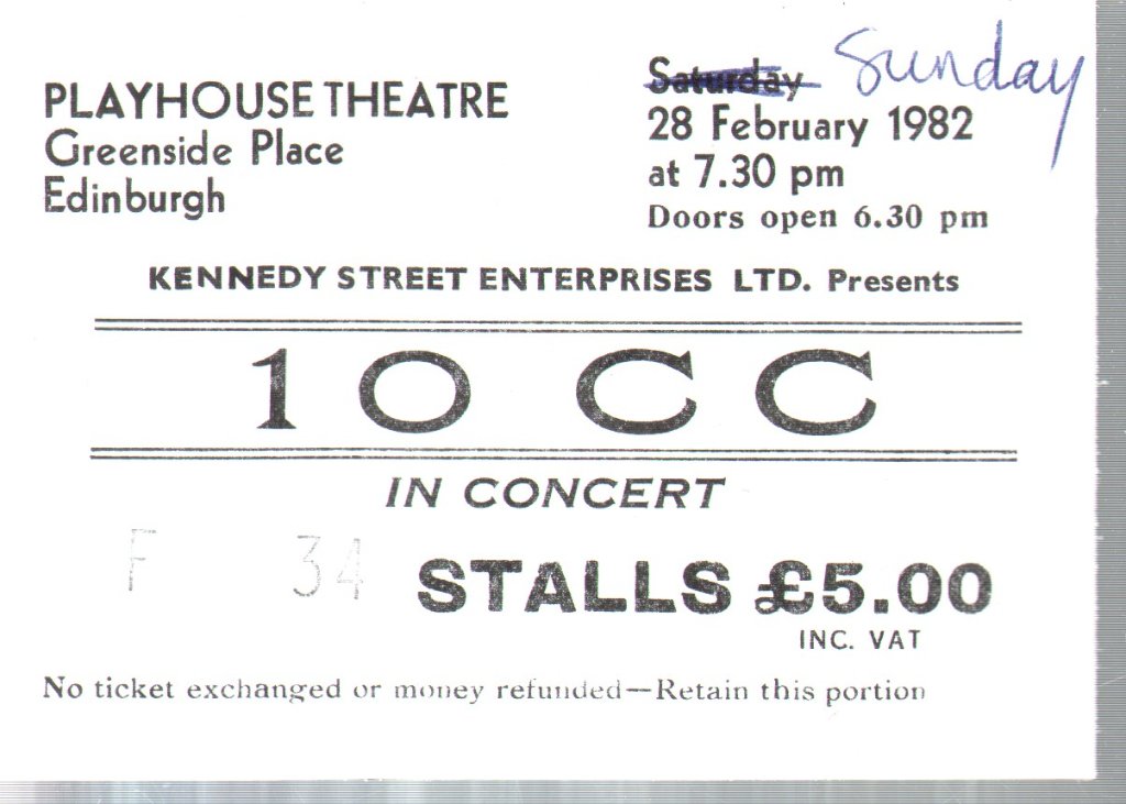 10cc - Edinburgh Playhouse Theatre 28th February 1982 - Ticket