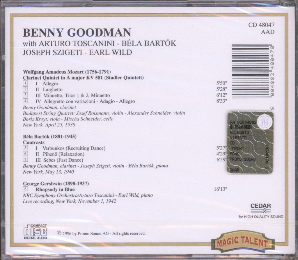 Benny Goodman - Benny Goodman With Arturo Toscanini - Bela Bartok - Joseph Szigeti - Earl Wild - Cd