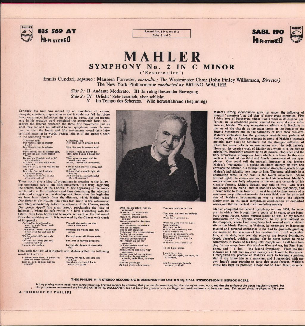 Bruno Walter / New York Philharmonic / Emilia Cundari / Maureen Forrester / Westminster Choir / John Finley Williamson - Mahler - Symphony No.2 In C Minor ''Resurrection'' - Double Lp