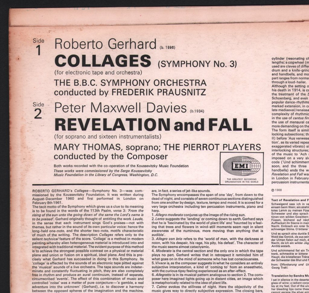 BBC Symphony Orchestra / Frederik Prausnitz / Mary Thomas / Pierrot Players - Roberto Gerhard - Collages (Symphony No. 3) /  Peter Maxwell Davies - Revelation And Fall - Lp