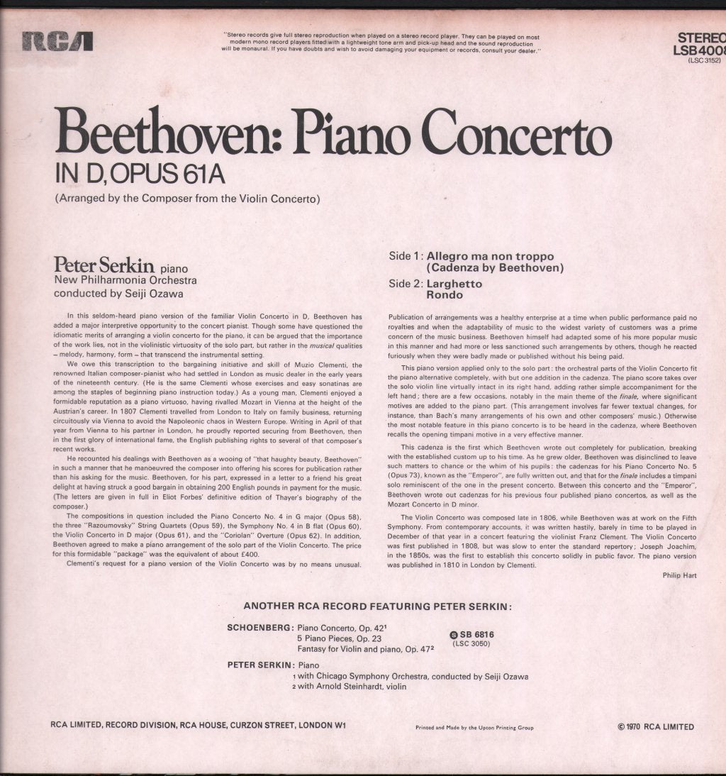 Peter Serkin / Seiji Ozawa / New Philharmonia Orchestra - Beethoven - Piano Concerto In D - Lp