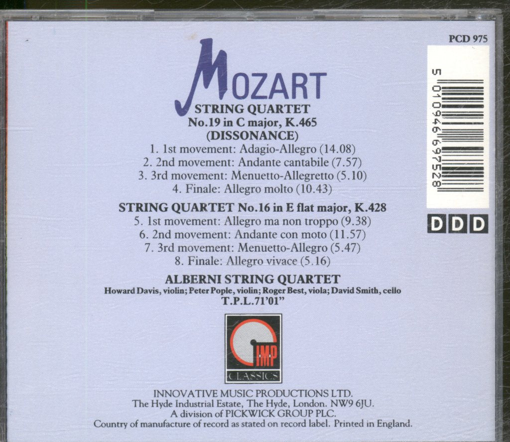 Alberni Quartet - Mozart String Quartets No.19 &16 - Volume Two - Cd