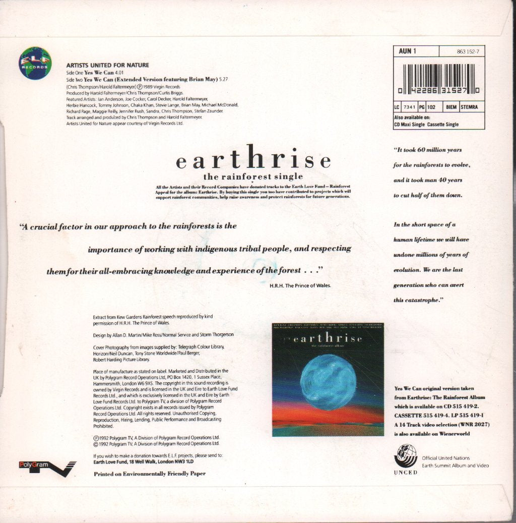 Artists United For Nature - Earthrise - The Rainforest Single - Yes We Can - 7 Inch