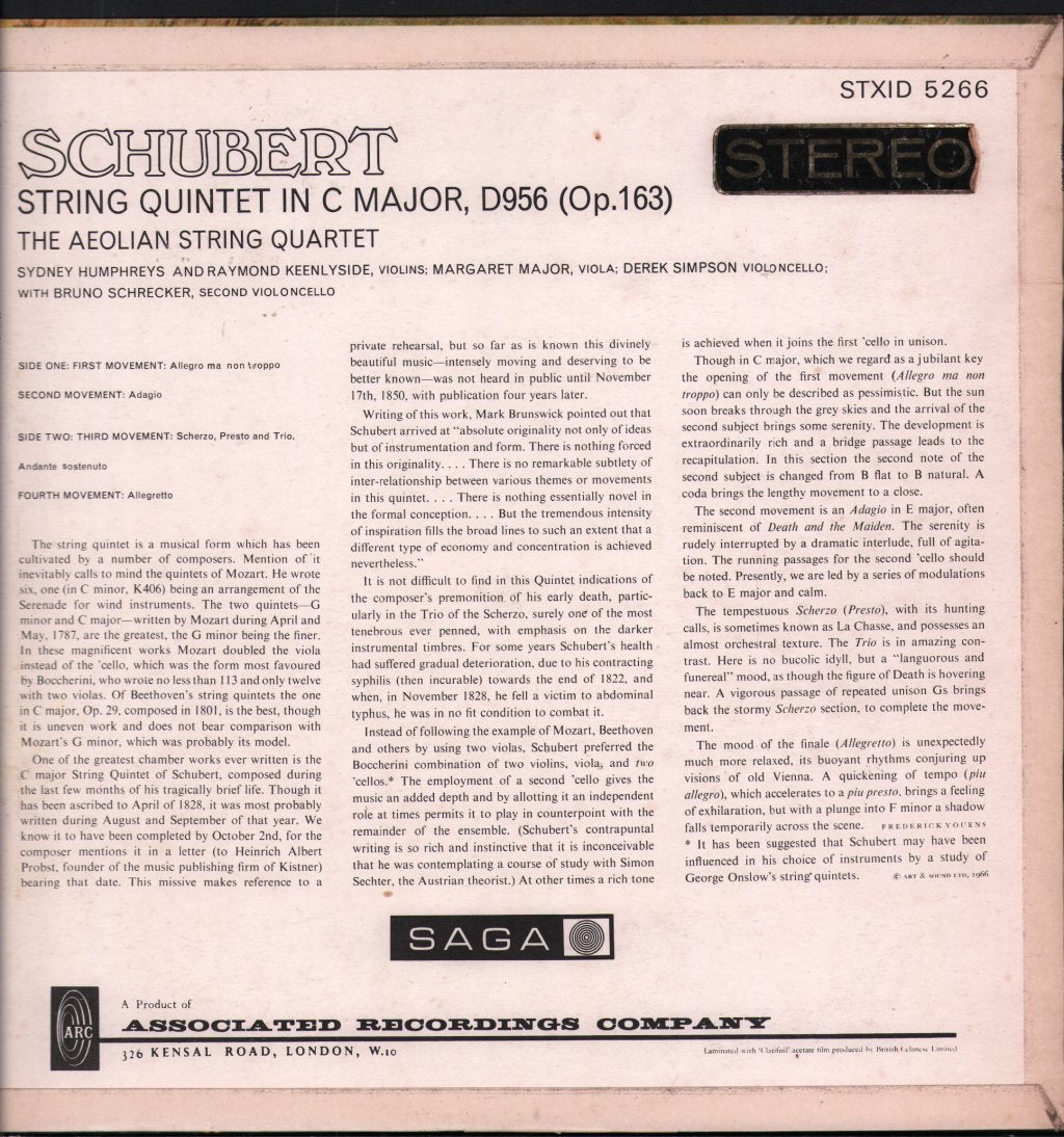 Aeolian String Quartet / Bruno Schrecker - Franz Schubert - Quintet In C Major - Lp