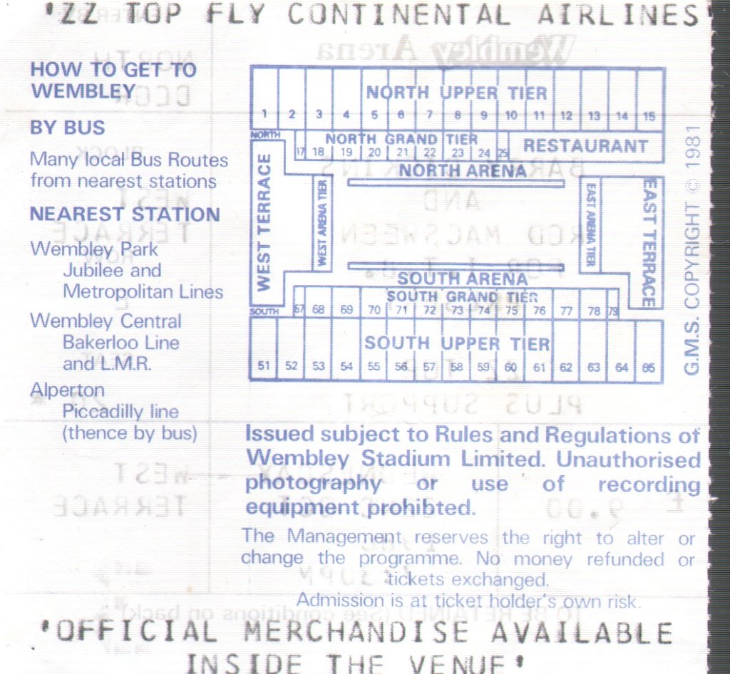 ZZ Top - Wembley Arena 22nd October 1986 - Ticket