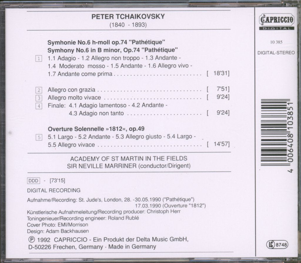 Academy Of St. Martin-in-the-Fields, Sir Neville Marriner - Tchaikovsky - Symphony No.6 (Pathetique) Overture 1812 - Cd