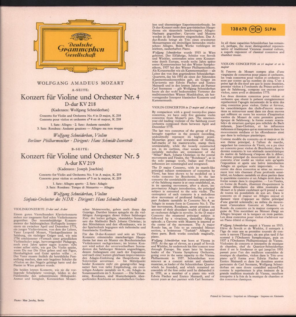 Wolfgang Schneiderhan / Hans Schmidt-Isserstedt - Wolfgang Amadeus Mozart - Violinkonzerte D-dur KV 218 Und A-dur KV 219 - Lp