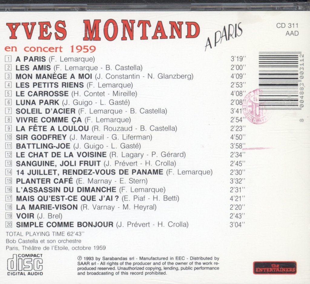 Yves Montand - En Concert 1959 - Cd