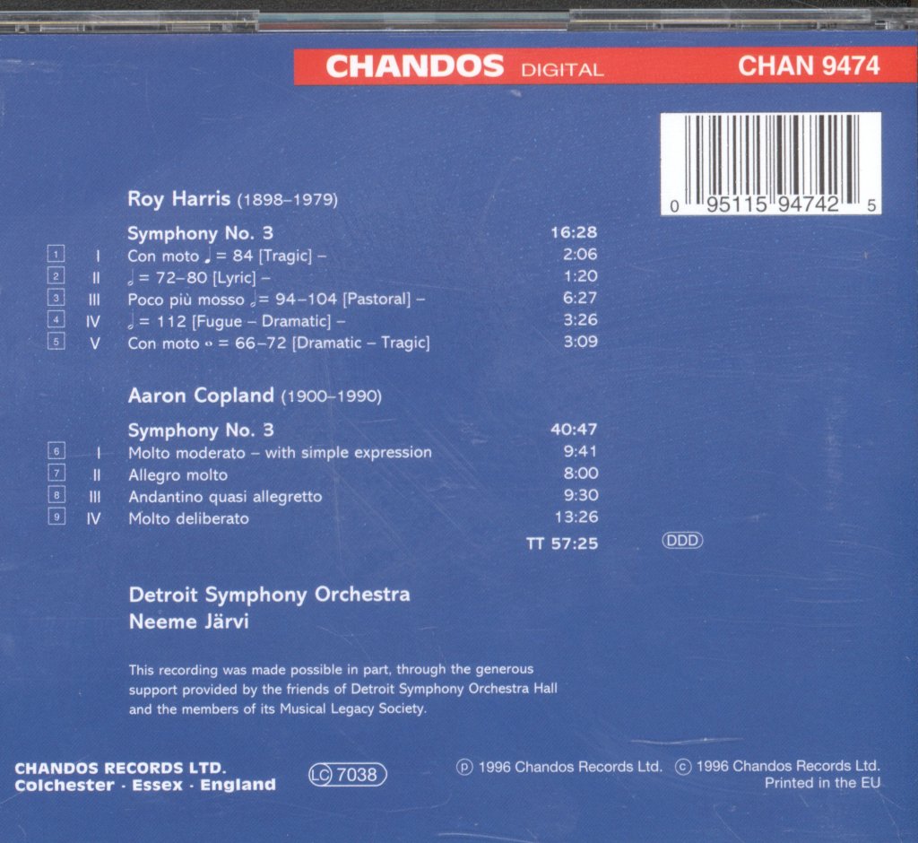 Aaron Copland, Roy Harris, Neeme Järvi, Detroit Symphony Orchestra - Harris Symphony No. 3/Copland Symphony No. 3 - Cd