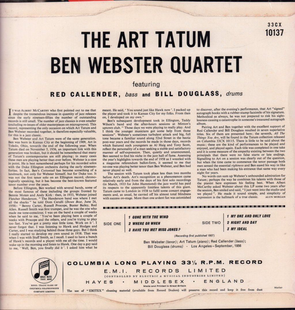 Art Tatum Ben Webster Quartet - Art Tatum Ben Webster Quartet - Lp