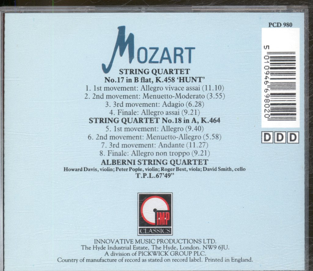 Alberni Quartet - Mozart String Quartets No.17&18 - Volume Three - Cd