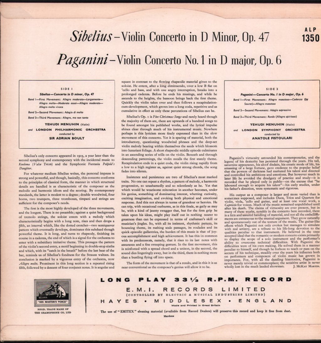 Yehudi Menuhin / London Philharmonic / Sir Adrian Boult - Sibelius - Violin Concerto / Paganini Violin Concerto - Lp