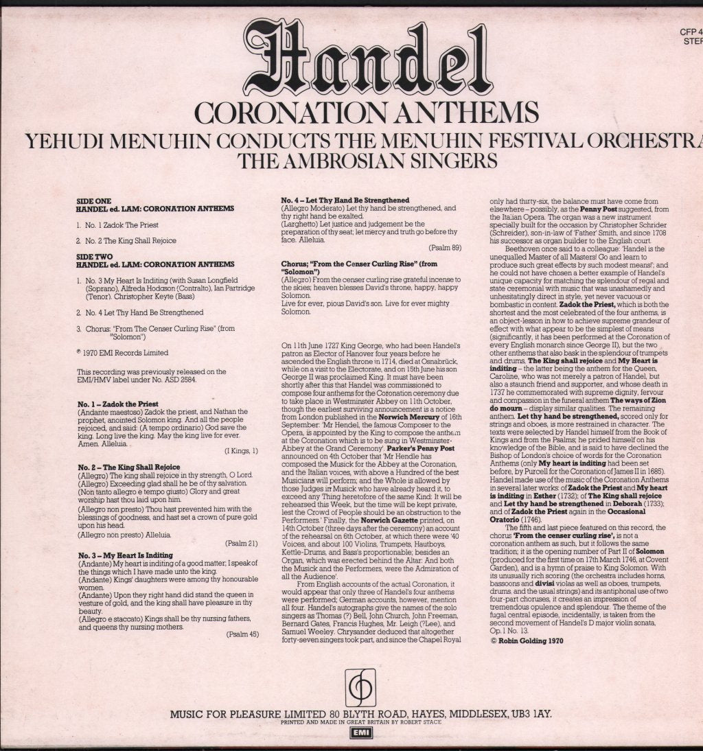 Yehudi Menuhin / Menuhin Festival Orchestra / Ambrosian Singers - Handel - Coronation Anthems - Lp