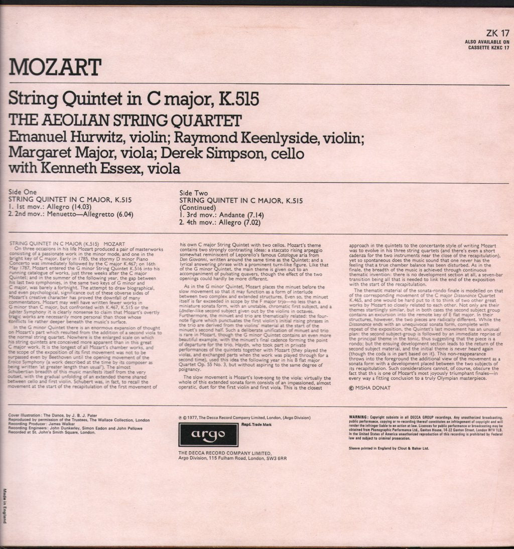 Aeolian String Quartet With Kenneth Essex - String Quintet In C Major, K.515 - Lp