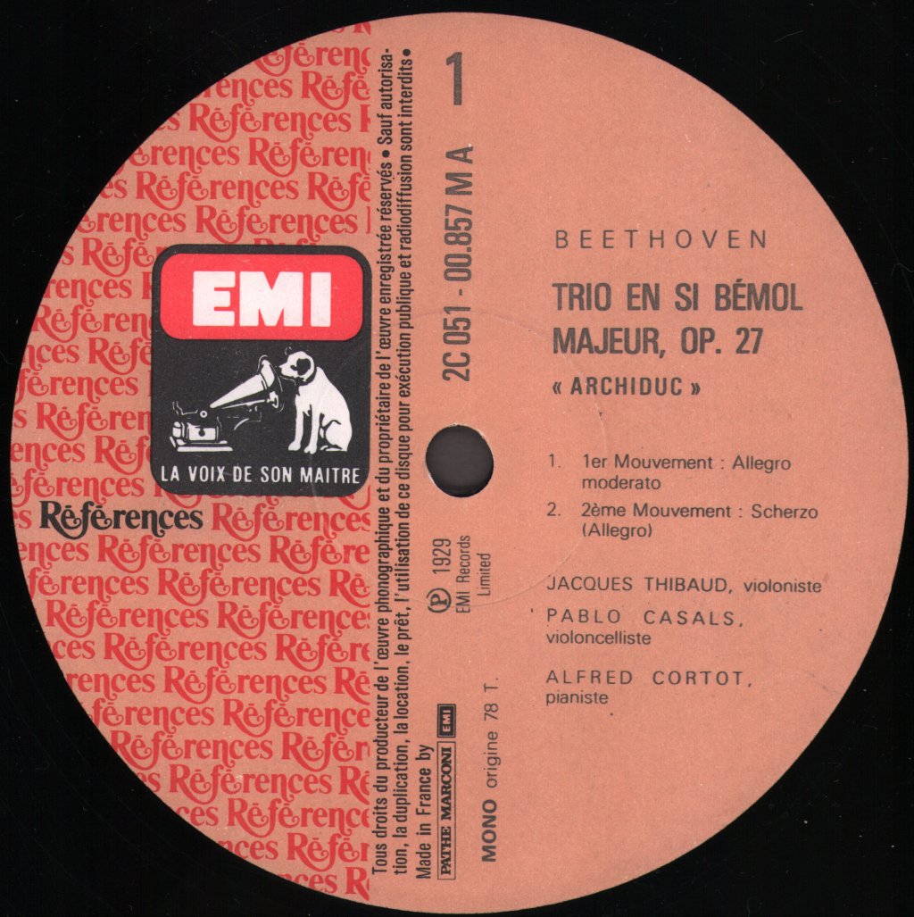 Alfred Cortot / Jacques Thibaud / Pablo Casals - Beethoven - Trio En Si Bémol Majeur "L'Archiduc" - Lp