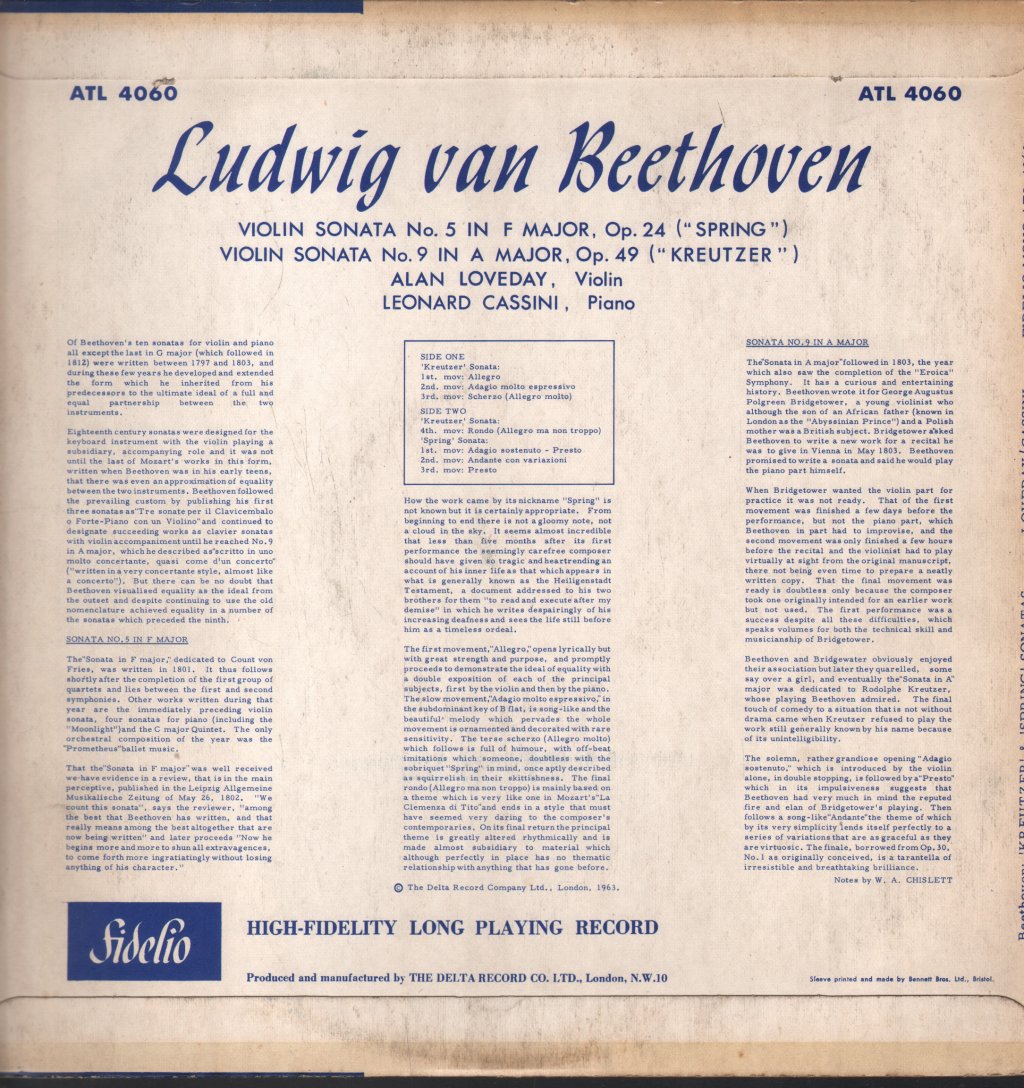 Alan Loveday / Leonard Cassini - Beethoven - Kreutzer Sonata / Spring Sonata - Lp