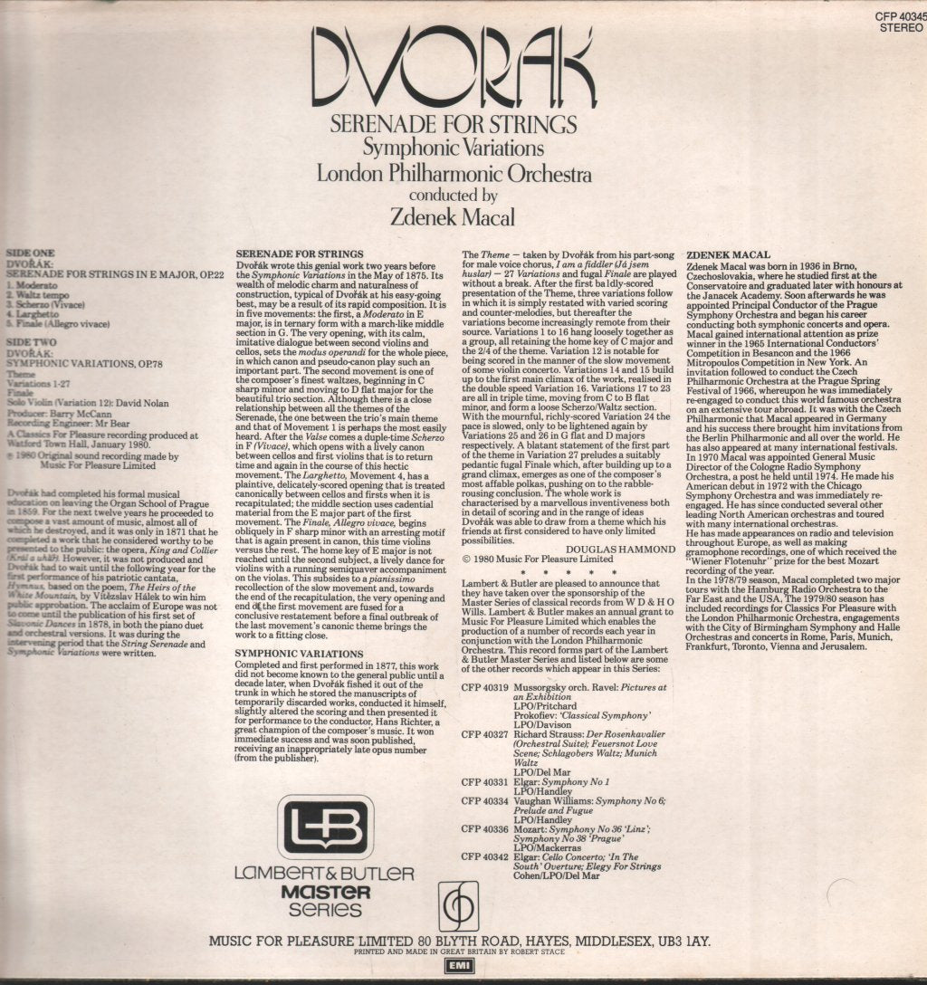 Zdenek Macal / London Philharmonic Orchestra - Dvorak - Serenade For Strings / Symphonic Variations - Lp