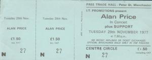 Alan Price - Free Trade Hall Manchester 29Th November 1977 - Ticket