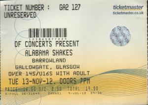 Alabama Shakes - Glasgow Barrowland, 13 November 2012 - Ticket